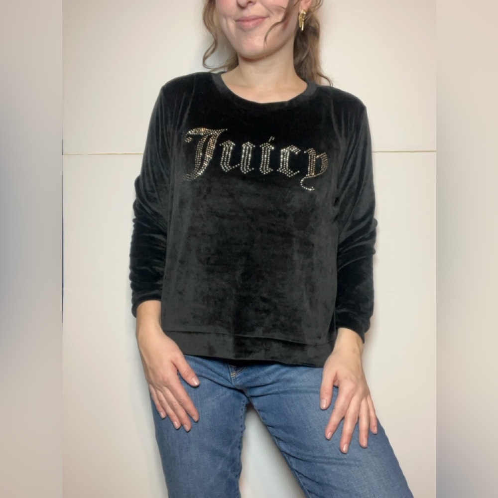 Juicy Couture Black Velour Rhinestone Logo Long Sleeve Top M